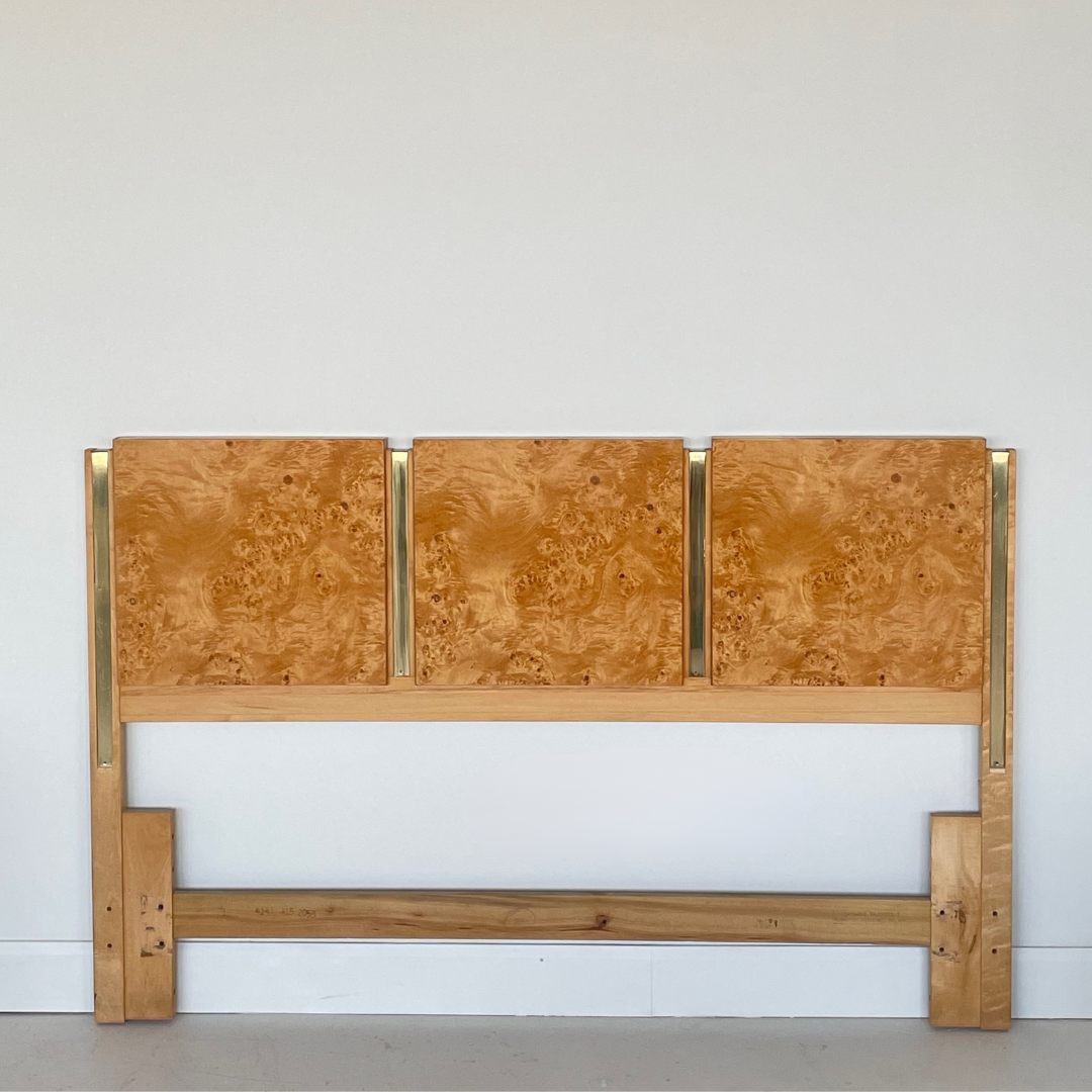Milo Baughman burlwood and brass Double Headboard for Founders by Thomasville Furniture, 1979