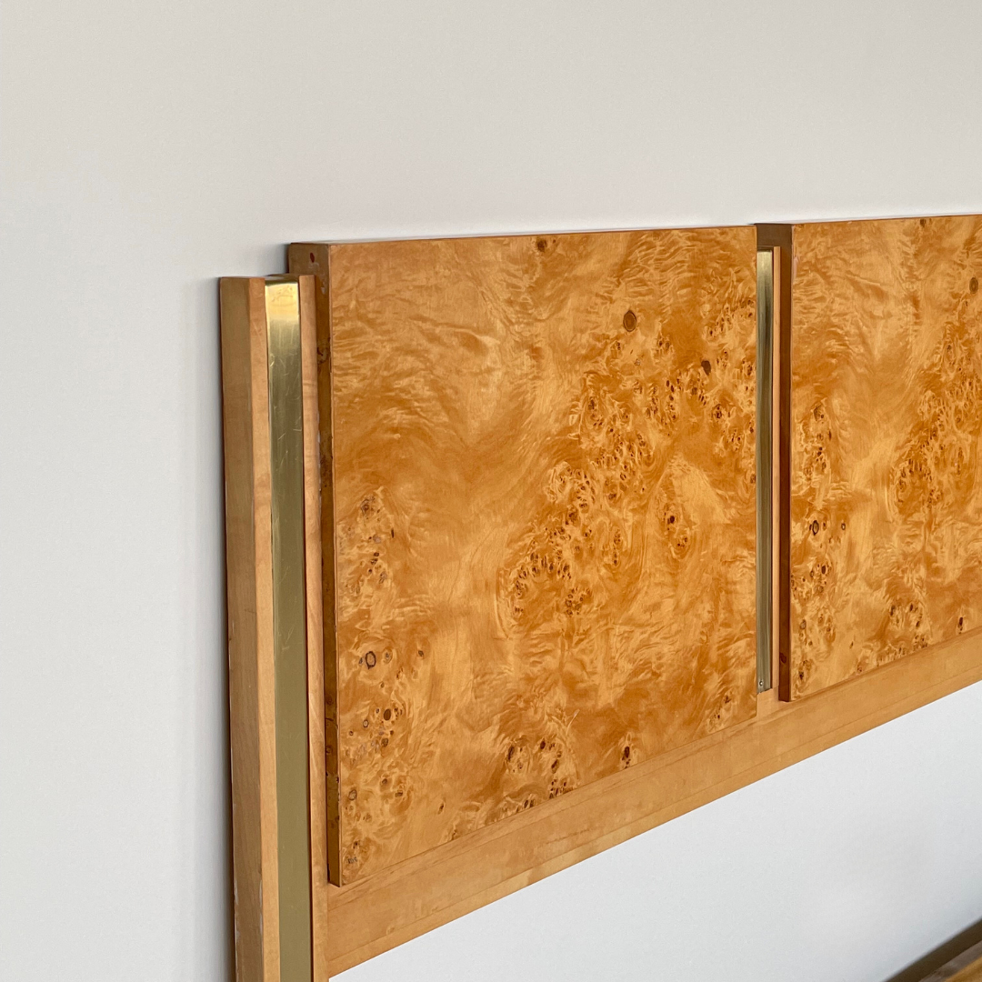 Milo Baughman burlwood and brass Double Headboard for Founders by Thomasville Furniture, 1979