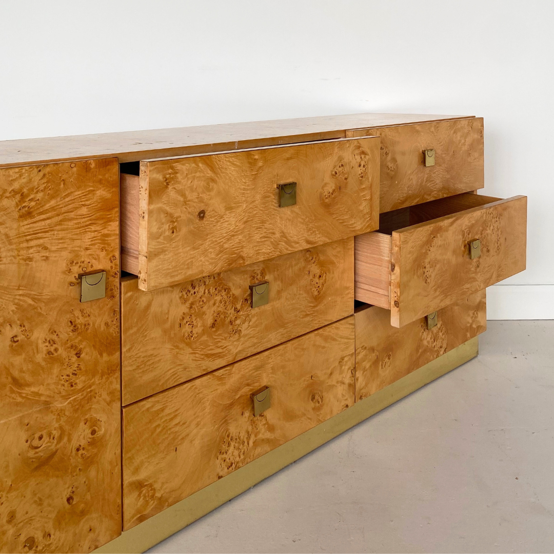 Milo Baughman burlwood and brass Dresser for Founders by Thomasville Furniture, 1979