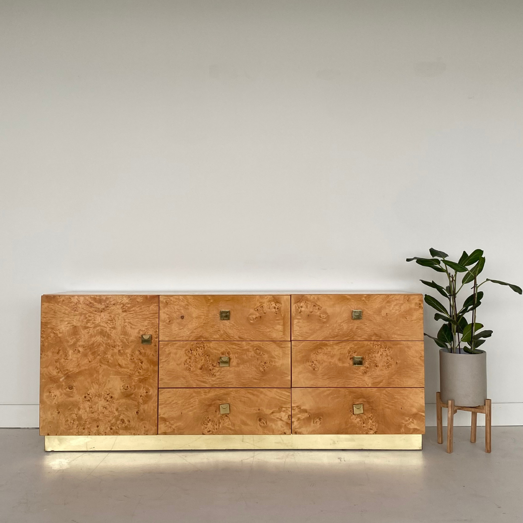 Milo Baughman burlwood and brass Dresser for Founders by Thomasville Furniture, 1979