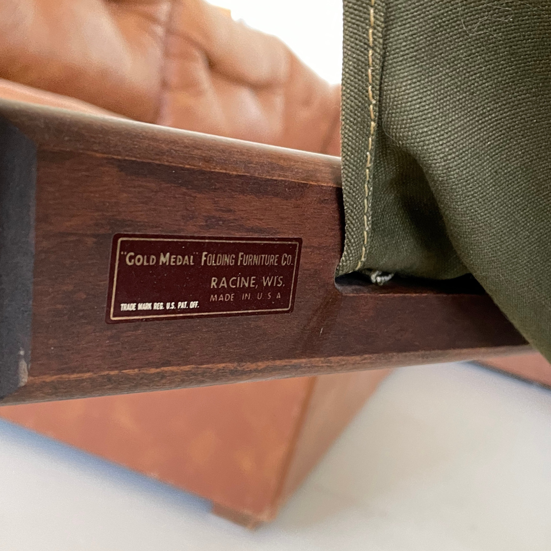 Green canvas "Gold Metal" Folding Sling Lounge Chair, 1970's