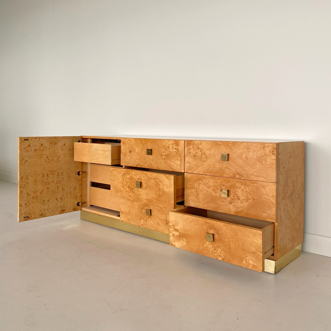 Milo Baughman burlwood and brass Dresser for Founders by Thomasville Furniture, 1979