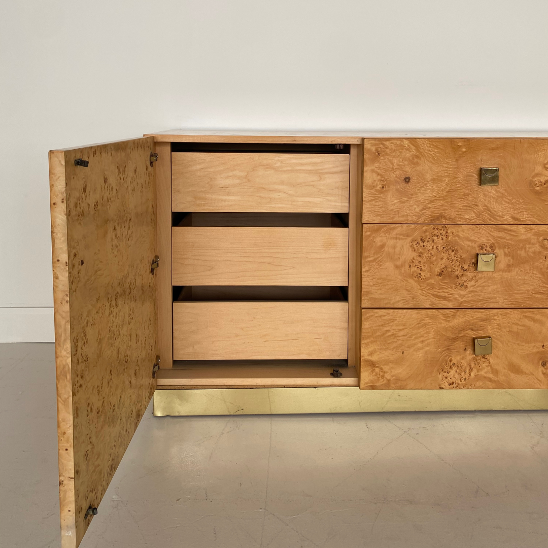 Milo Baughman burlwood and brass Dresser for Founders by Thomasville Furniture, 1979