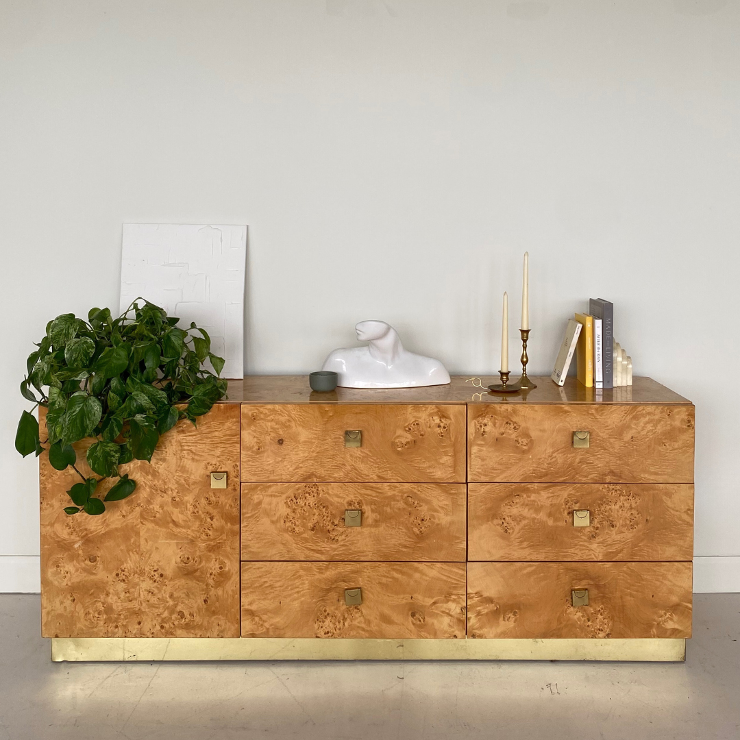 Milo Baughman burlwood and brass Dresser for Founders by Thomasville Furniture, 1979
