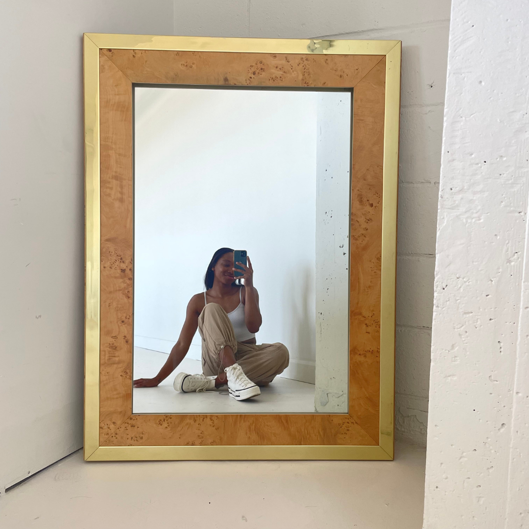 Milo Baughman Burlwood and Brass Mirror for Founders by Thomasville Furniture, 1979