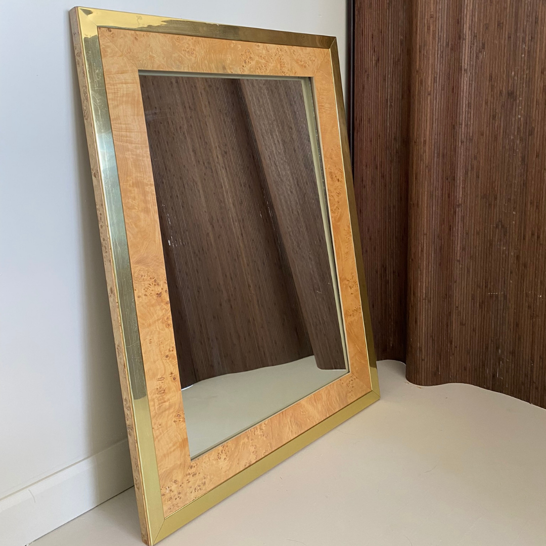 Milo Baughman Burlwood and Brass Mirror for Founders by Thomasville Furniture, 1979