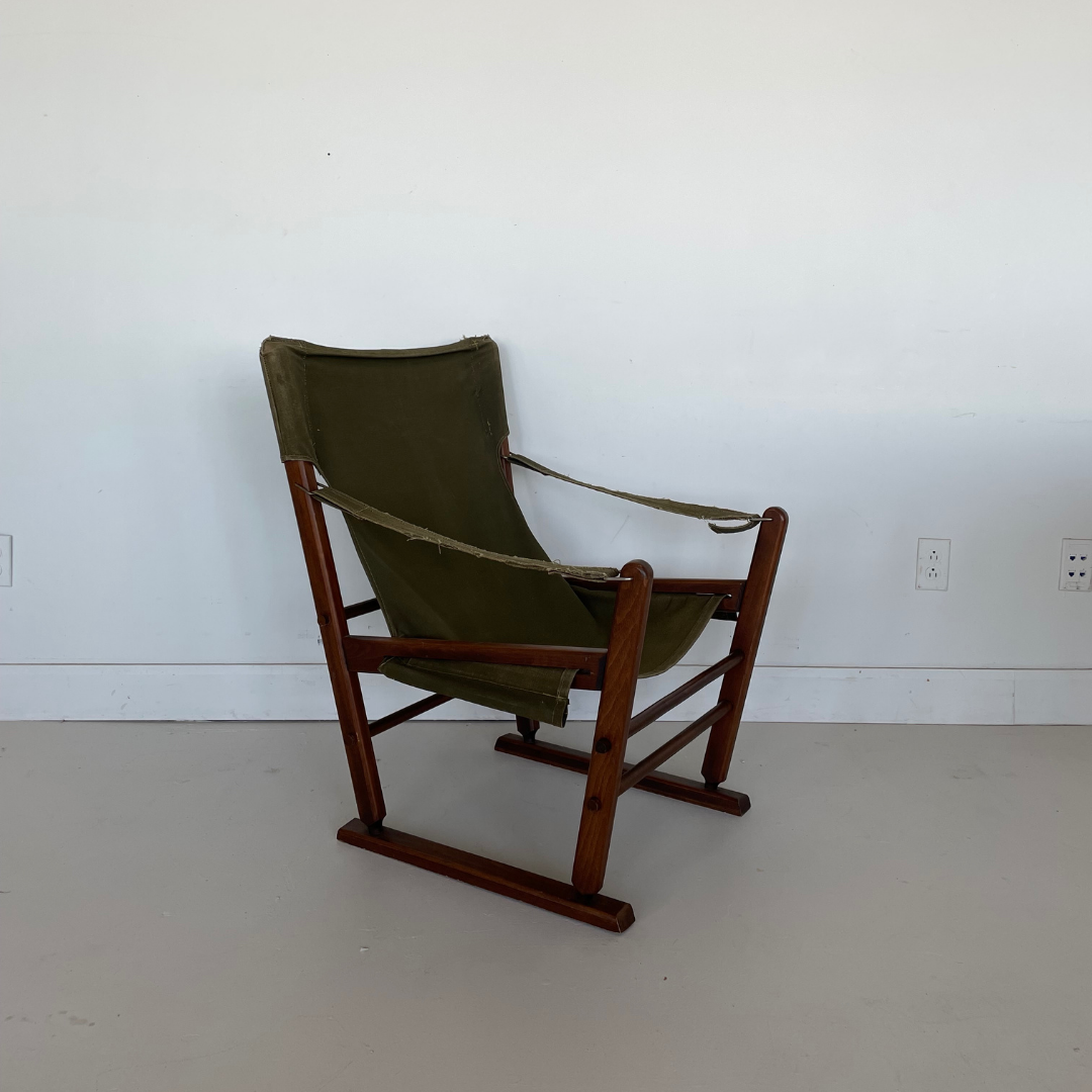 Green canvas "Gold Metal" Folding Sling Lounge Chair, 1970's