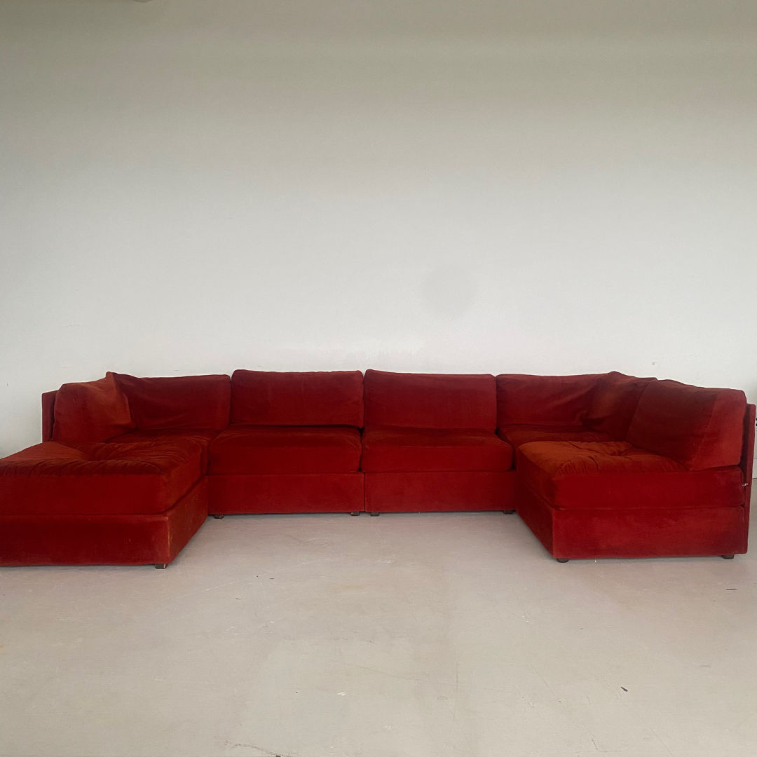 Red Velvet 'Playpen' Six (6) Pieces Modular Sofa by Burnat Furniture