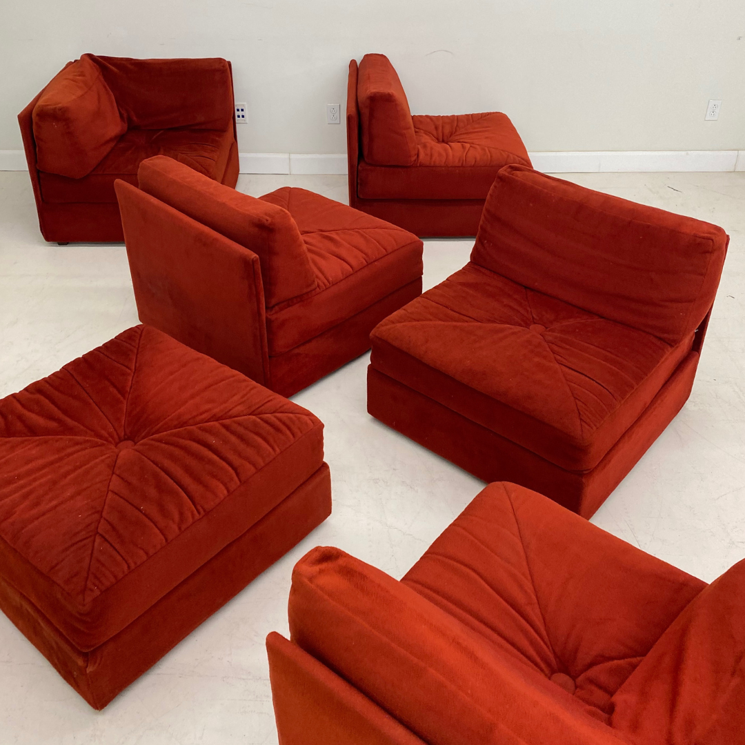 Red Velvet 'Playpen' Six (6) Pieces Modular Sofa by Burnat Furniture