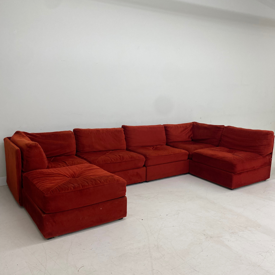 Red Velvet 'Playpen' Six (6) Pieces Modular Sofa by Burnat Furniture