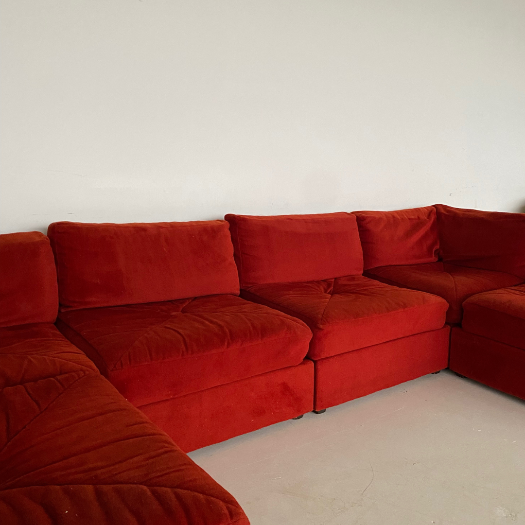 Red Velvet 'Playpen' Six (6) Pieces Modular Sofa by Burnat Furniture